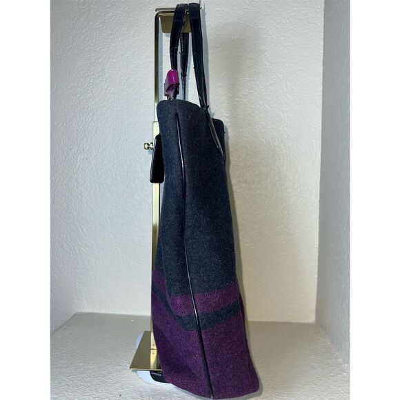Coach Signature Wool Striped North South Charcoal Berry/Gray Tote - Picture 3 of 11